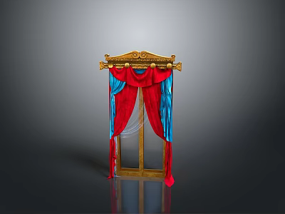 Elegant Window Frame With Golden Ornate Design And Red Blue Curtains 3d model