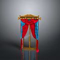 Elegant Window Frame With Golden Ornate Design And Red Blue Curtains