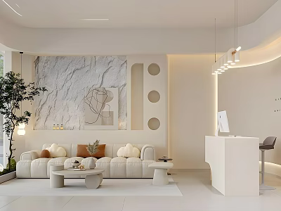 Modern Shop Front Desk Reception Area With Elegant Sofa Marble Wall And Hanging Lights 3d model