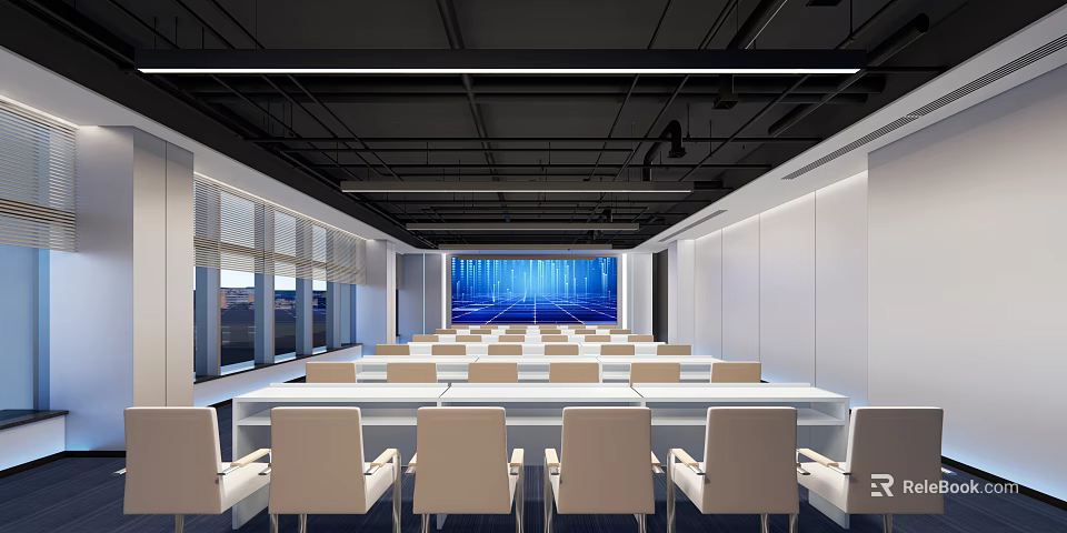 Modern Security Monitoring Room With Large Display Screen Control Consoles And Ergonomic Chairs 3d model 