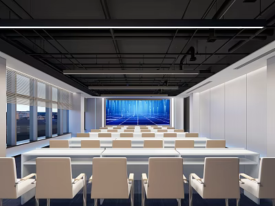 Modern Security Monitoring Room With Large Display Screen Control Consoles And Ergonomic Chairs 3d model
