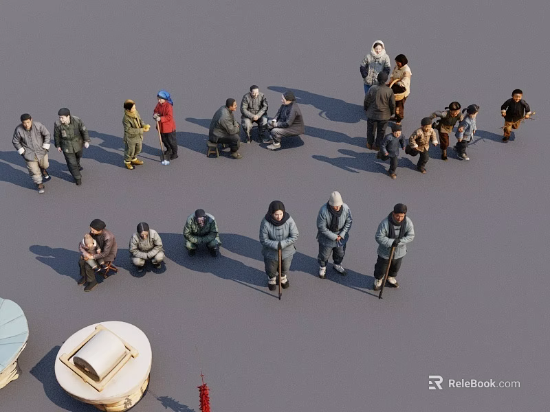 Group of People Standing Squatting and Interacting on Gray Ground with Dome Structure 3d model 