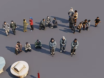Group of People Standing Squatting and Interacting on Gray Ground with Dome Structure 3d model