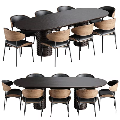 Modern Dark Oval Dining Table Set With Wooden Chairs And Metal Legs 3d model