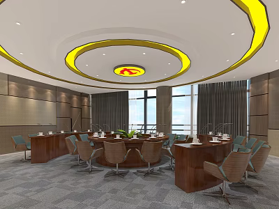 Modern Conference Room With Round Table Yellow Circular Ceiling Red Logo And Large Windows 3d model