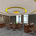 Modern Conference Room With Round Table Yellow Circular Ceiling Red Logo And Large Windows