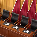 Conference Room Functional Table with Yellow Curtain Red Emblem Red Flags and Dark Chairs