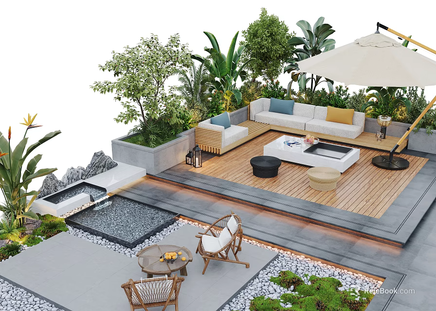 Lush Courtyard Garden Design With Wooden Deck Outdoor Sofa Umbrella And Tropical Plants 3d model 