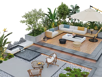 Lush Courtyard Garden Design With Wooden Deck Outdoor Sofa Umbrella And Tropical Plants 3d model