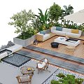 Lush Courtyard Garden Design With Wooden Deck Outdoor Sofa Umbrella And Tropical Plants