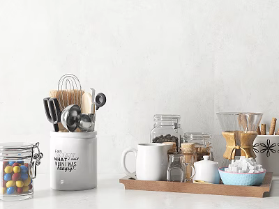 Organized Kitchen Utensils with White Container Glass Jars and Wooden Tray on Countertop 3d model