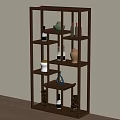 Traditional Chinese Dark Brown Wooden Display Shelf With Multi Tiered Shelves And Decorative Vases