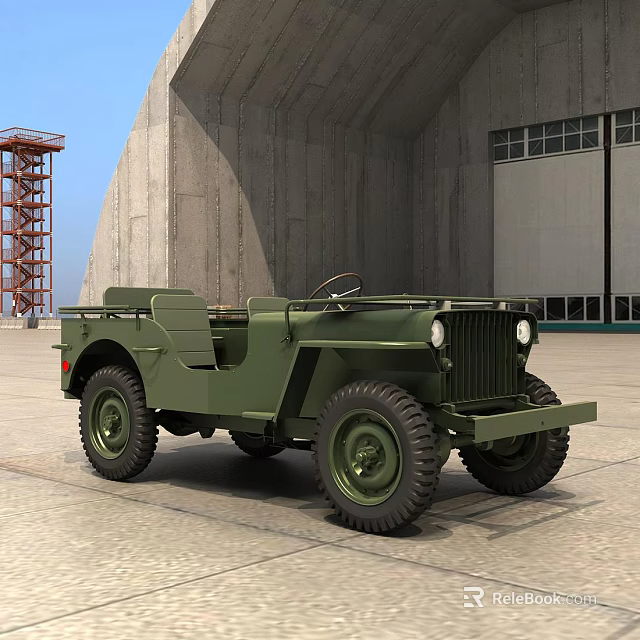 Green Vintage Jeep Military Style Vehicle In Concrete Hangar With Large Tires 3d model 