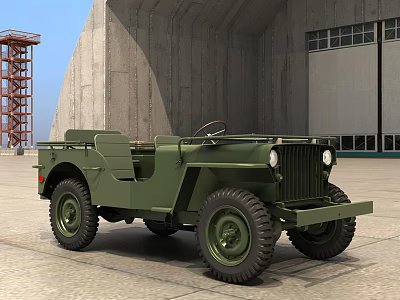 Green Vintage Jeep Military Style Vehicle In Concrete Hangar With Large Tires 3d model