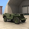Green Vintage Jeep Military Style Vehicle In Concrete Hangar With Large Tires