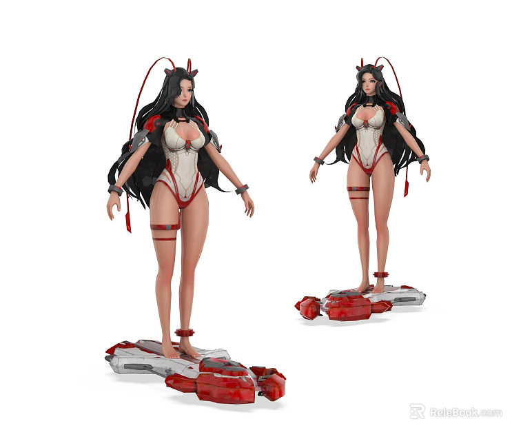 Game And Movie Character With Long Black Hair Red Horns White Bodysuit And Mechanical Platform 3d model 