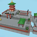 Cartoon Chinese Tower Scene With Green Roofs Red Decorations Stone Pavilions And Steps