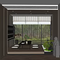 Modern Tea Room Interior With Wooden Shelves Forest View Floor Cushions And Greenery