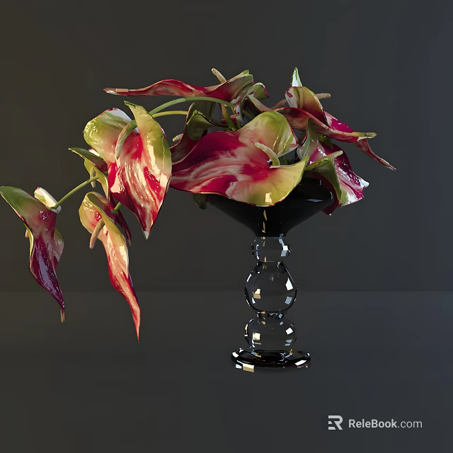 Colorful Plants with Red and Green Variegated Leaves Arranged in Black Transparent Glass Vase 3d model 