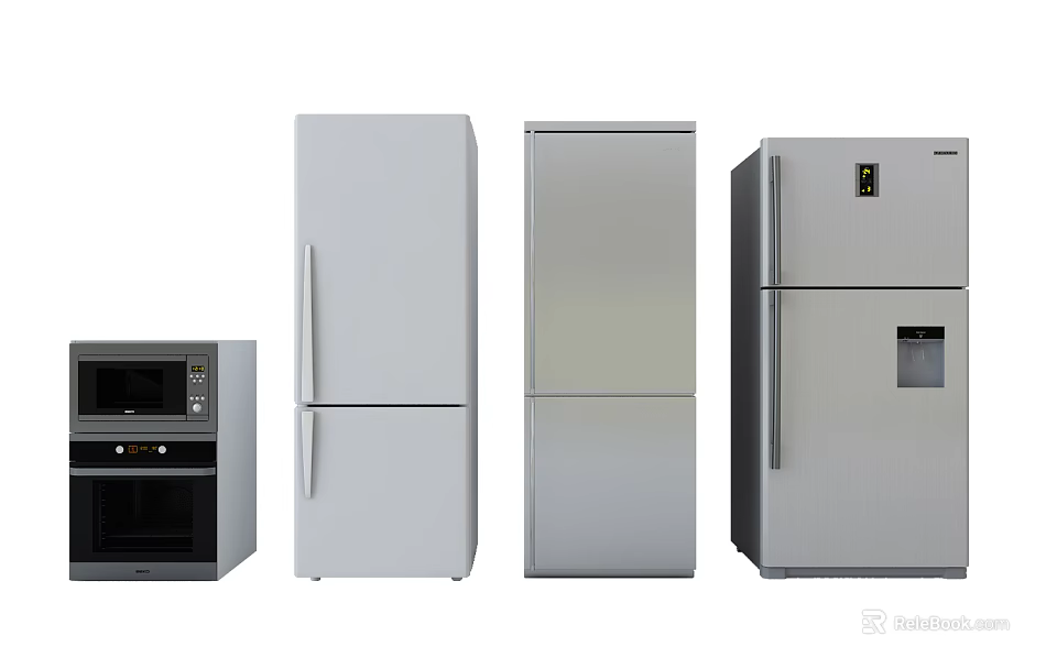Modern Stainless Steel Refrigerators and Freezers with Various Door Styles 3d model 