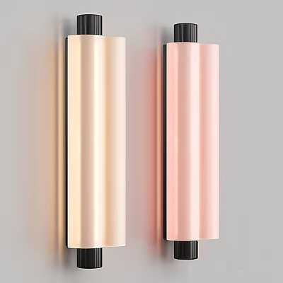 Modern Minimalist Cylindrical Wall Lamps in Light Pink and Beige Tones Mounted on Gray Wall 3d model