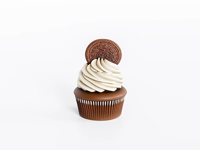 Delicious Cupcake With Swirled Vanilla Frosting Topped With Oreo Cookie and Brown Paper Liner 3d model