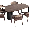 Modern Dining Table Set With Walnut Top And Rattan Backrest Chairs