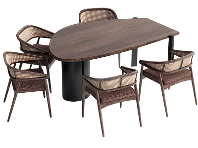 Modern Dining Table Set With Walnut Top And Rattan Backrest Chairs 3d model
