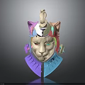 Fantasy Character Feline Creature Horned Mask Face With Pastel Pink Purple Blue Geometric Accents