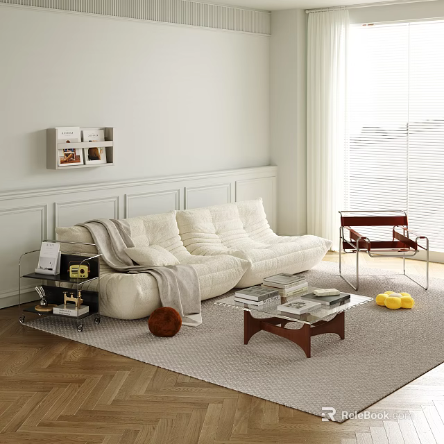 Modern Living Room Interior With White Sofa Wooden Coffee Table Armchair And Window Blinds 3d model 
