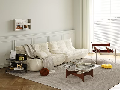 Modern Living Room Interior With White Sofa Wooden Coffee Table Armchair And Window Blinds 3d model