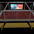 Basketball Arena With Wooden Court Floor Yellow Seating Bleachers Large Screen Display And Side Billboards
