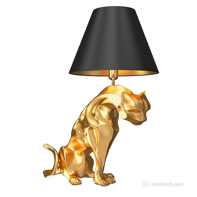 Elegant Table Lamp With Golden Panther Sculpture Base And Black Lampshade 3d model 