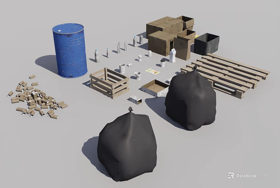 Public Facilities Maintenance Materials Featuring Blue Barrels Wooden Crates And Planks 3d model 