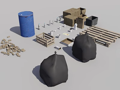 Public Facilities Maintenance Materials Featuring Blue Barrels Wooden Crates And Planks 3d model