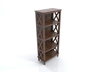 Dark Brown Wooden Shelf With X Shaped Sides And Multiple Storage Layers 3d model