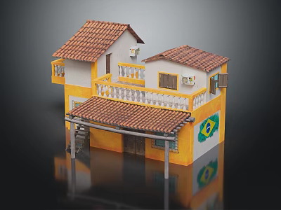 Two Story Yellow Building With Red Tiled Roof Balcony And Brazilian Flag Design 3d model
