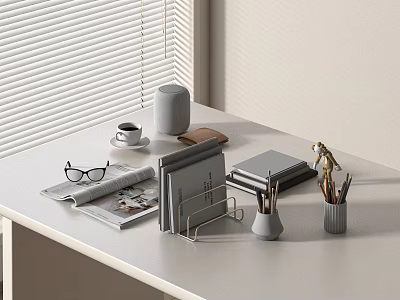 Notebook on Modern Office Desk with Coffee Cup Eyeglasses Magazine and Stationery 3d model