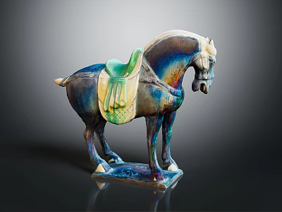 Colorful Ceramic Horse Furniture Sculpture With Green Saddle And Glossy Finish 3d model
