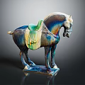 Colorful Ceramic Horse Furniture Sculpture With Green Saddle And Glossy Finish