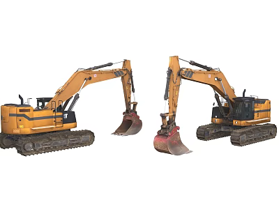 Yellow Tracked Functional Utility Vehicles With Different Buckets For Construction Work 3d model