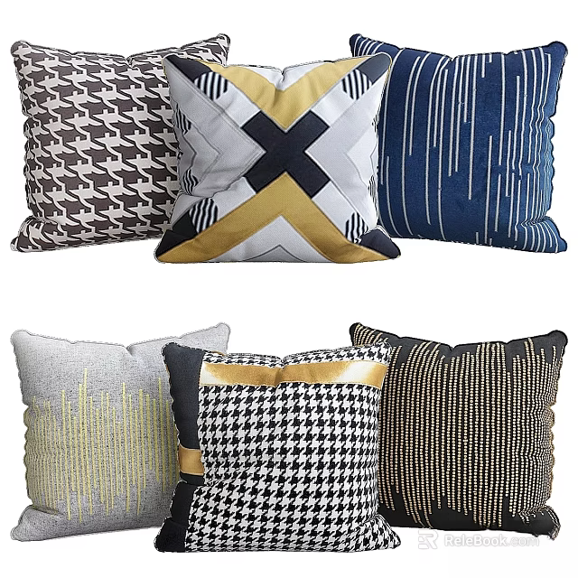 Chic Decorative Pillows With Houndstooth Geometric Striped Patterns And Gold Accents 3d model