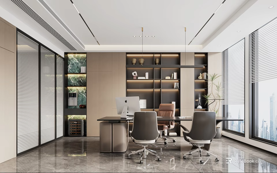 Modern Office Interior Design With Wooden Desk Ergonomic Chairs Bookshelves And Large Windows 3d model 