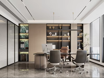 Modern Office Interior Design With Wooden Desk Ergonomic Chairs Bookshelves And Large Windows 3d model