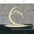 Modern Metal Crescent Sculpture In Water Pool With Gray Marble Wall And Green Plants