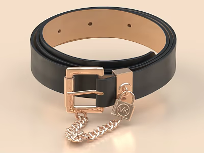Black Leather Belt With Gold Buckle Small Lock And Chain Decoration 3d model