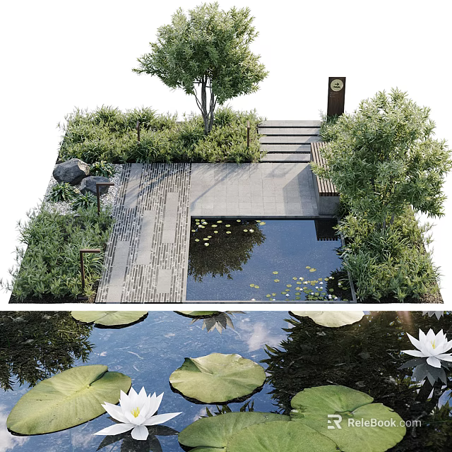 Serene Water Fountain With Lily Pads Water Lilies Stone Path And Greenery 3d model 