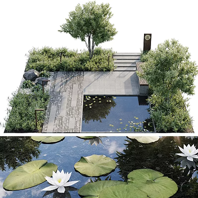 Serene Water Fountain With Lily Pads Water Lilies Stone Path And Greenery 3d model