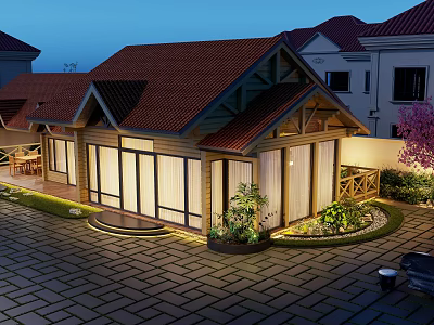 Wooden House Exterior With Red Roof Large Windows And Illuminated Garden Paved Courtyard 3d model