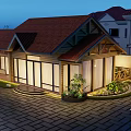 Wooden House Exterior With Red Roof Large Windows And Illuminated Garden Paved Courtyard